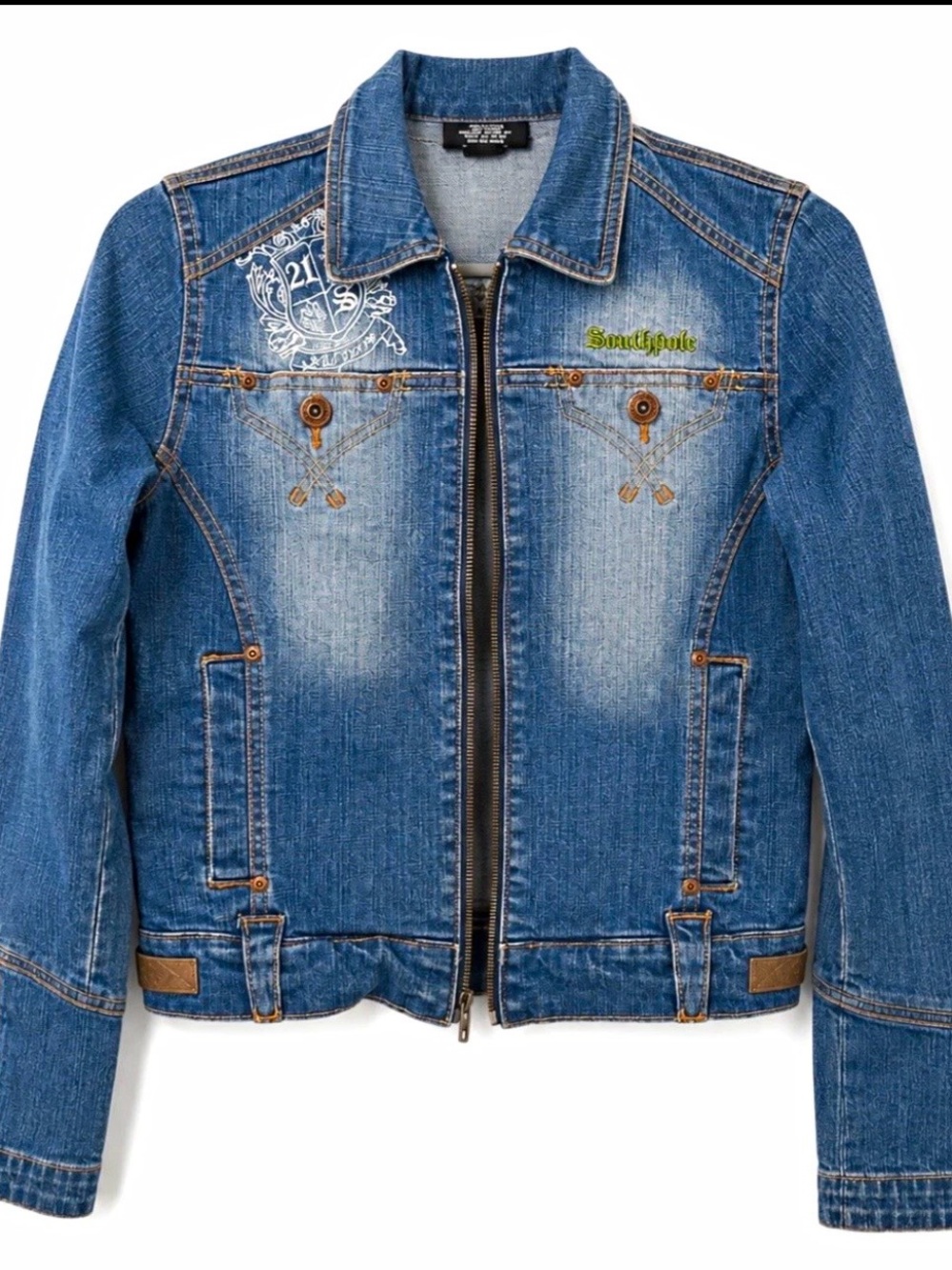 South Pole Distressed Blue Denim Zip Jacket with Embroidered Accents